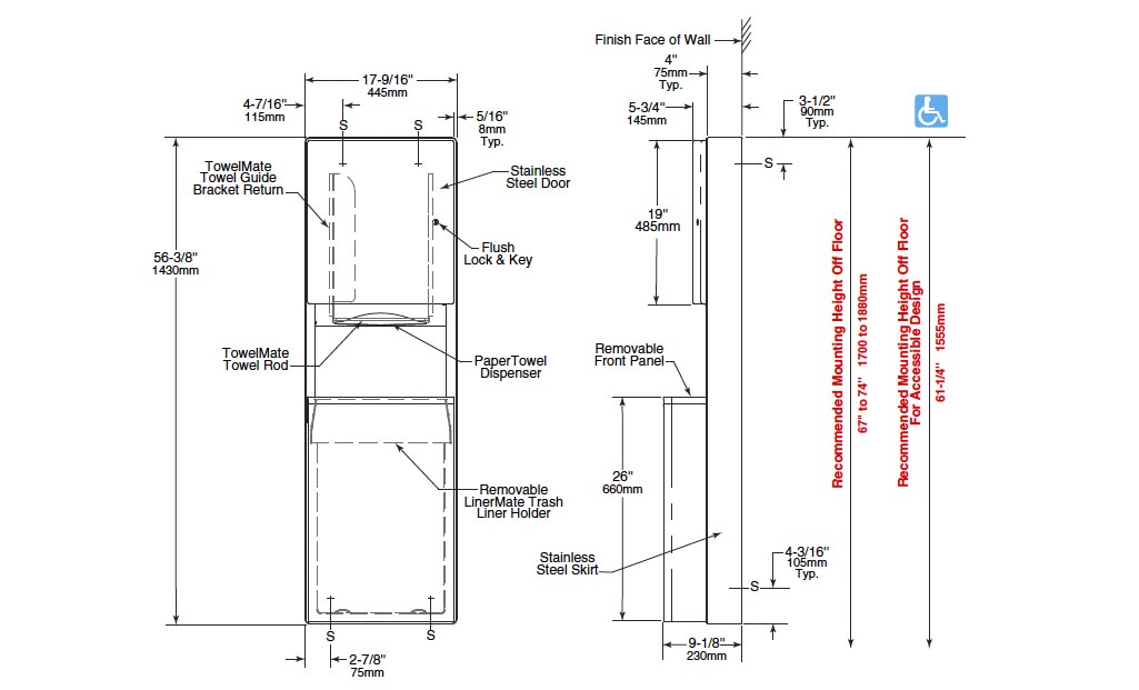 Measurements for Bobrick B-43949 Paper Towel Dispenser