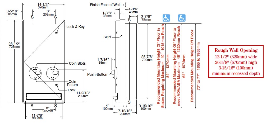Measurements for Bobrick B-47064C Tampon & Sanitary Napkin Dispenser