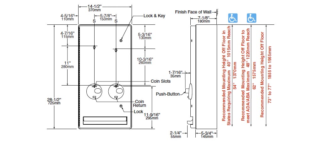 Measurements for Bobrick B-47069 25 Tampon & Sanitary Napkin Dispenser