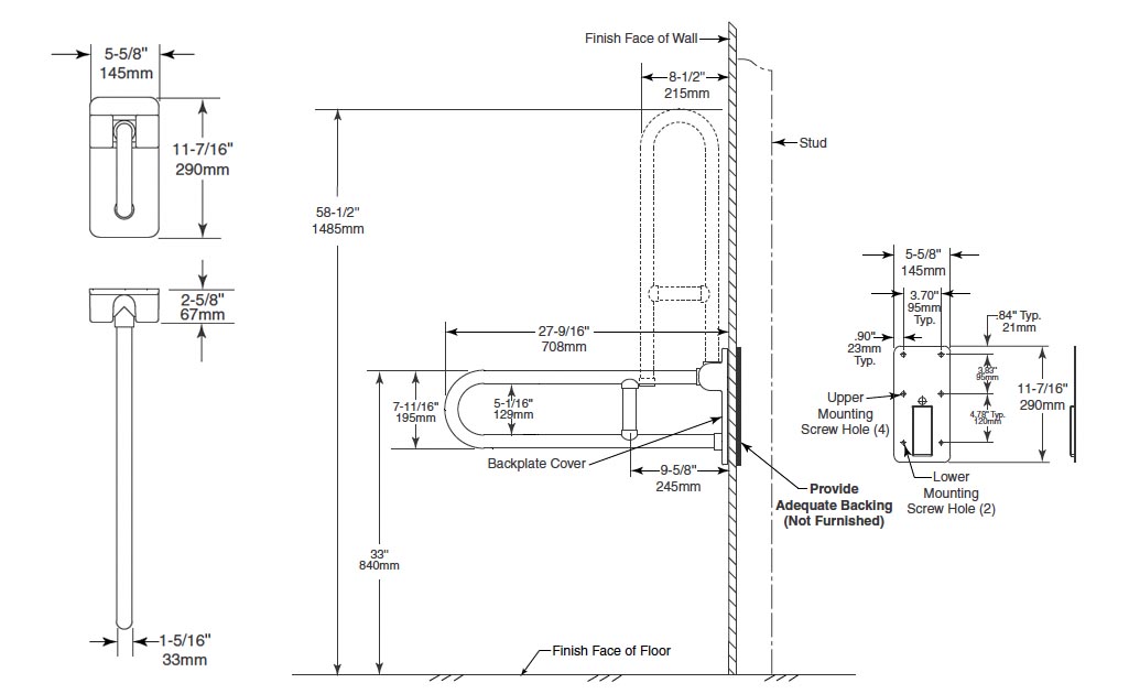 Measurements for Bobrick B-49916 Swing Up Grab Bar