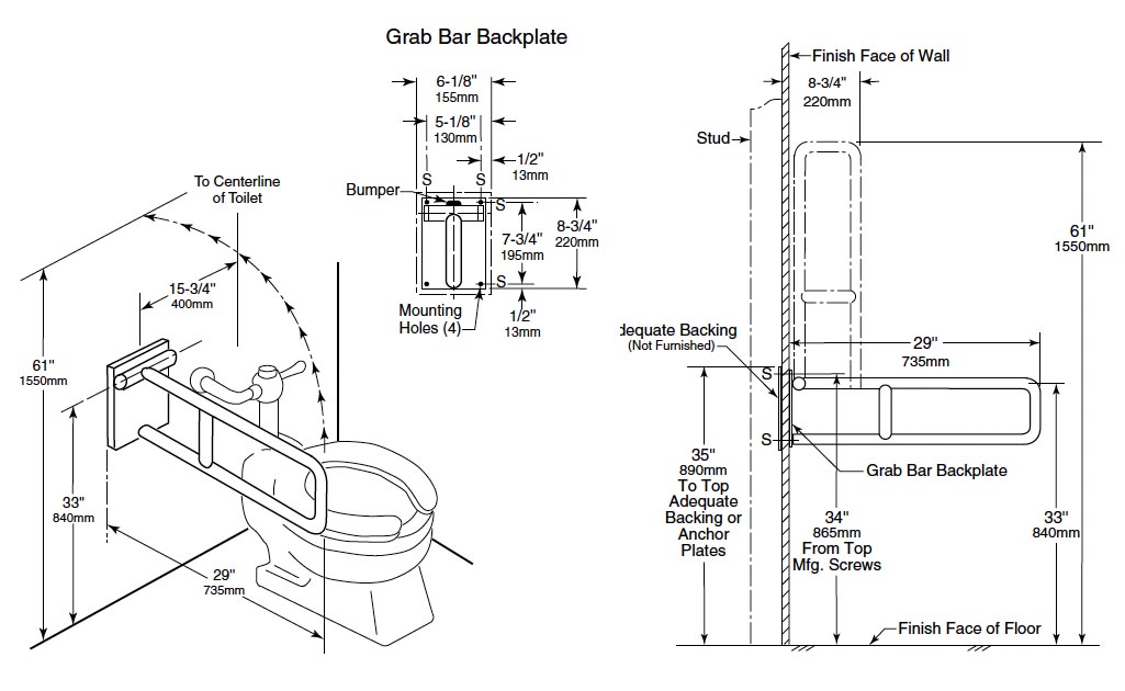 Measurements for Bobrick B-4998 Swing Up Grab Bar