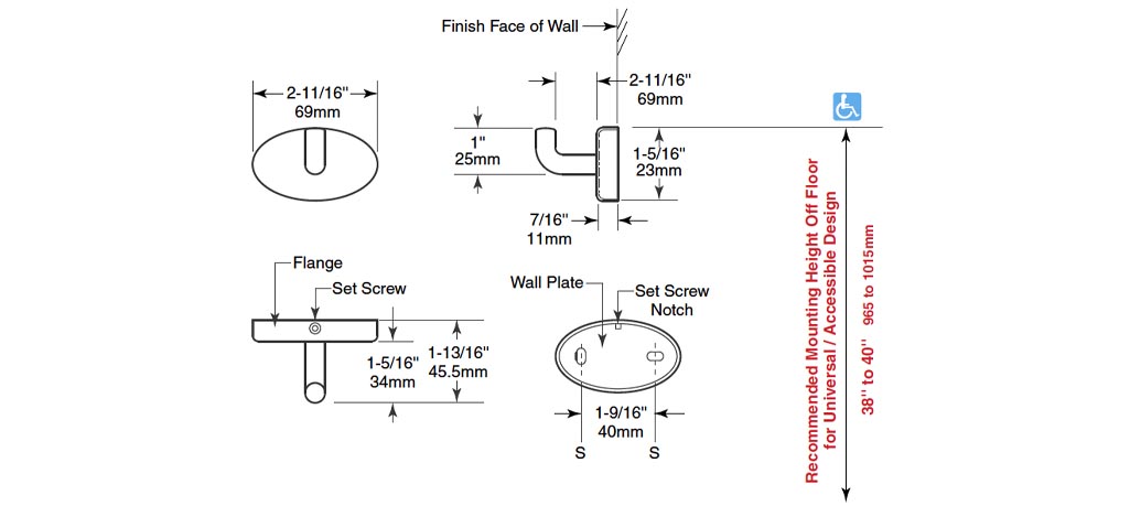 Measurements for Bobrick B-5116 Robe Hook