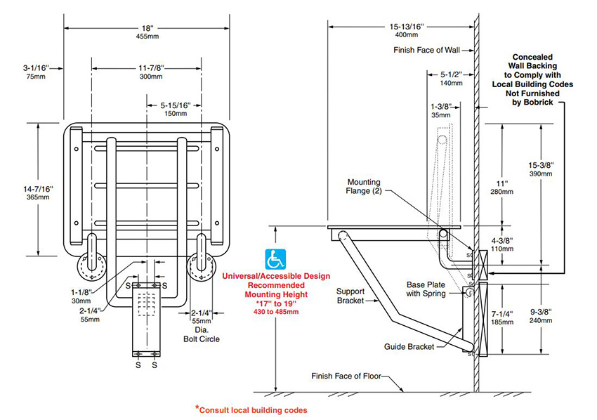 Measurements for Bobrick B-5191 Barrier Free Commercial Shower/Dressing-Area Seat