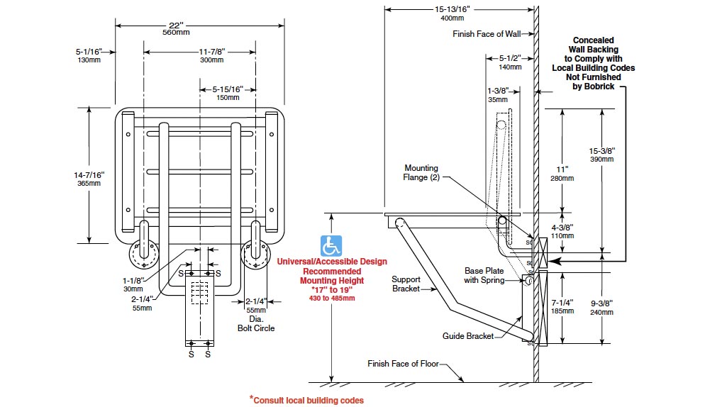 Measurements for Bobrick B-5192 Fold Up Shower Seat