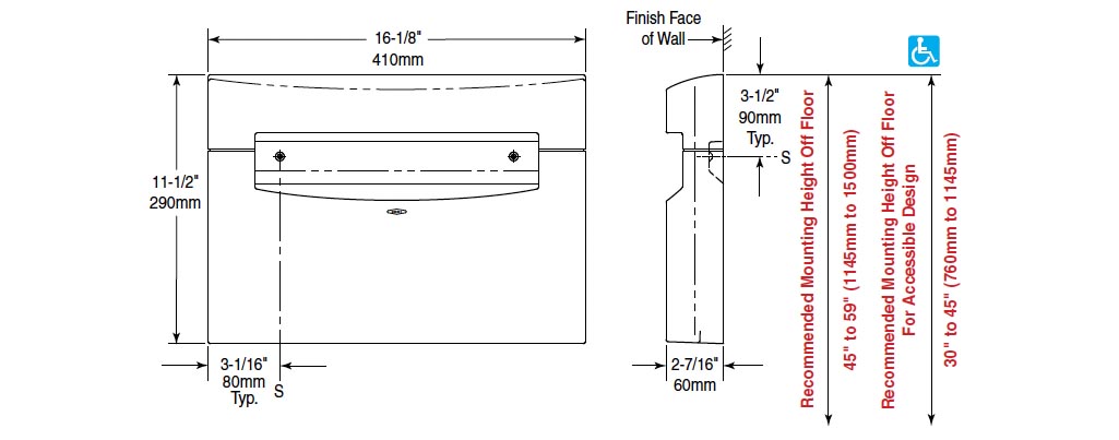 Measurements for Bobrick B-5221 Paper Toilet Seat Cover Dispenser