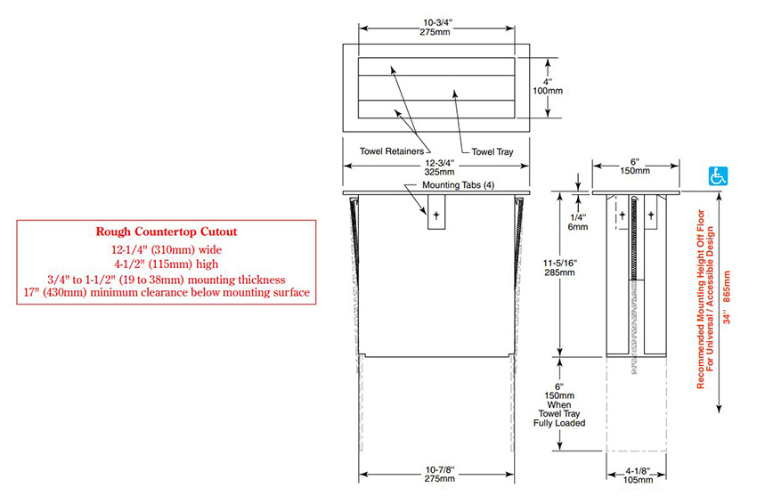 Measurements for Bobrick B-526 Countertop Paper Towel Dispenser