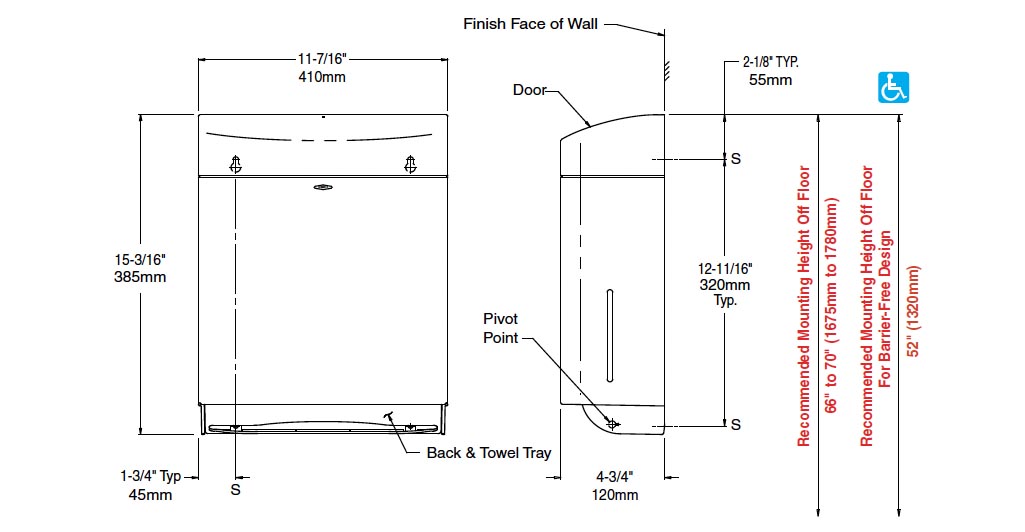 Measurements for Bobrick B-5262 Paper Towel Dispenser