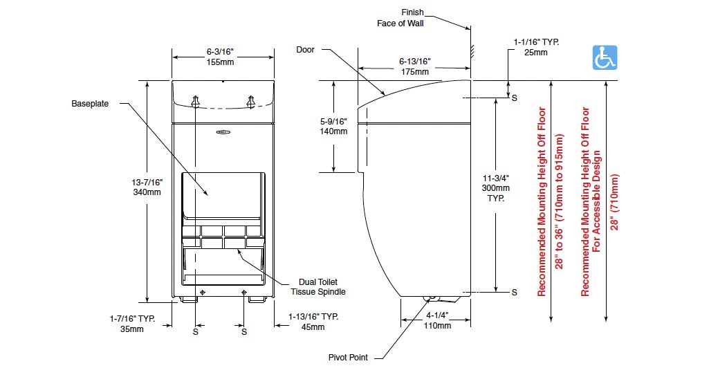 Measurements for Bobrick B-5288 Toilet Paper Holder
