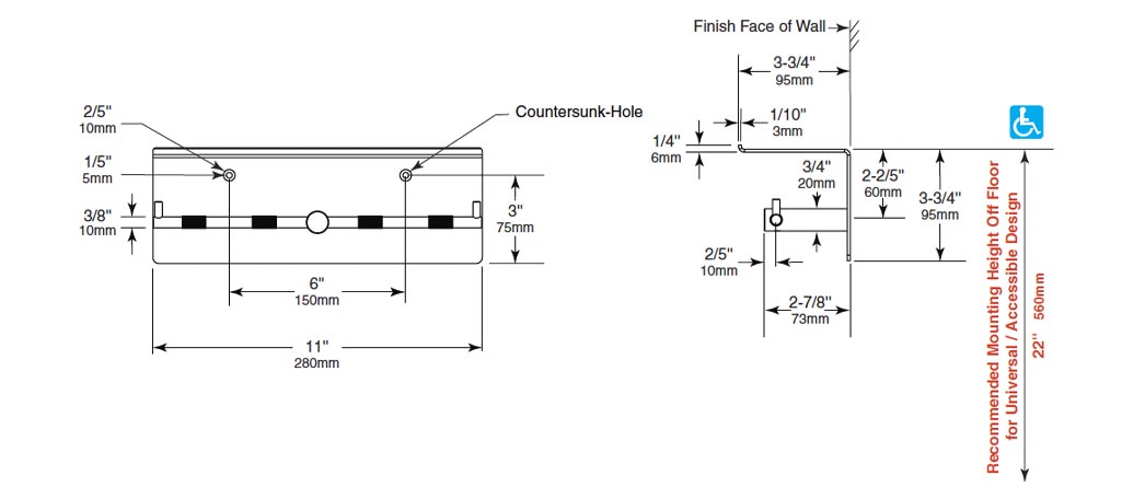 Measurements for Bobrick B-540 Toilet Paper Holder with Shelf
