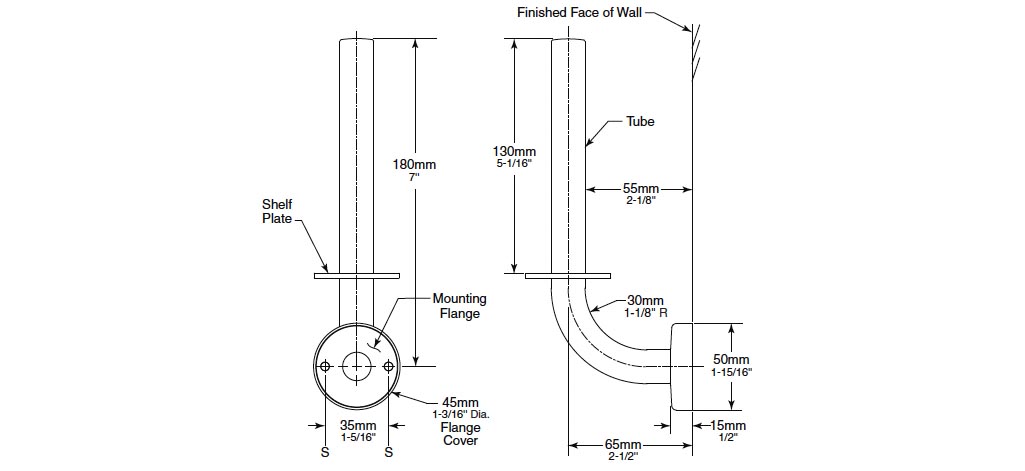 Measurements for Bobrick B-541 Extra Toilet Paper Roll Holder
