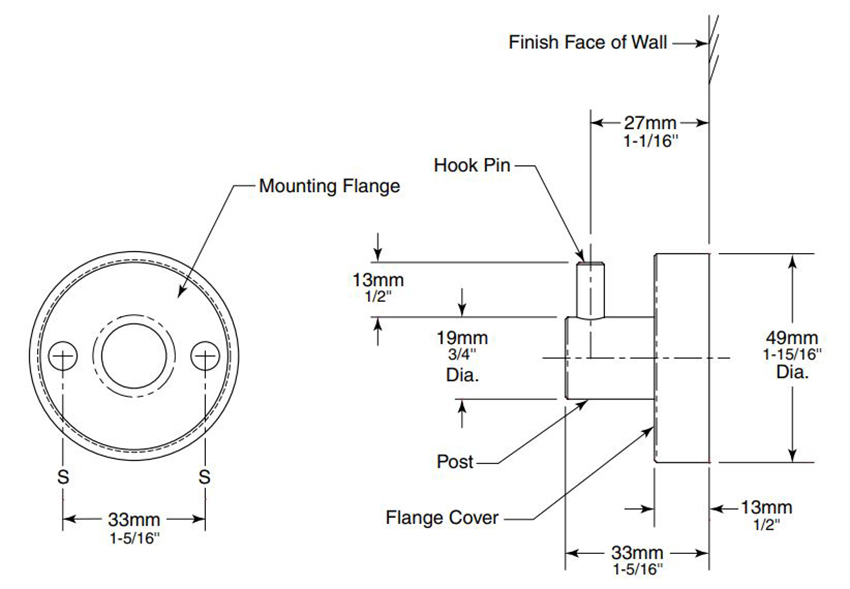 Measurements for Bobrick B-542 Commercial Stainless Steel Hat & Coat Hook