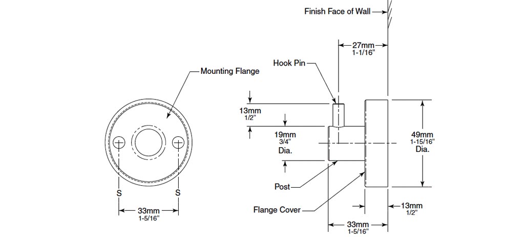 Measurements for Bobrick B-5426 Robe Hook
