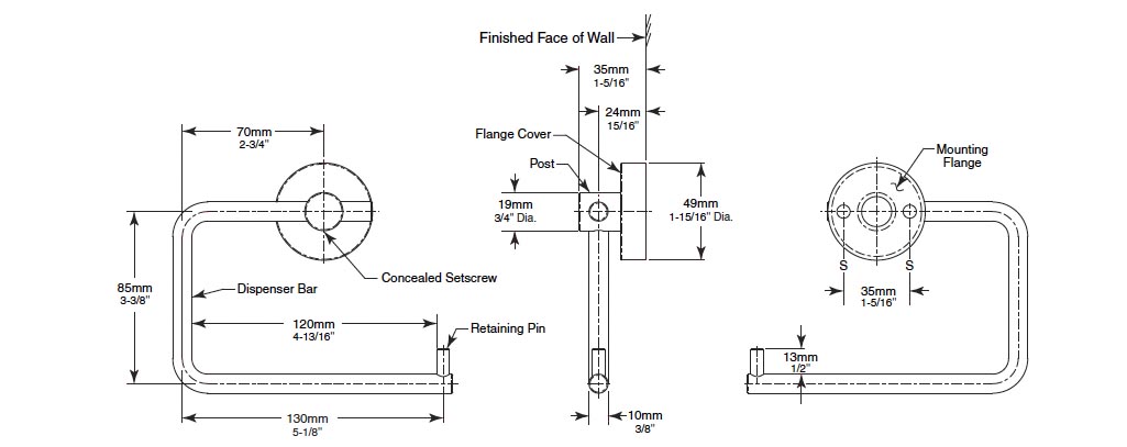 Measurement Diagram for Bobrick B-5436 Toilet Paper Holder