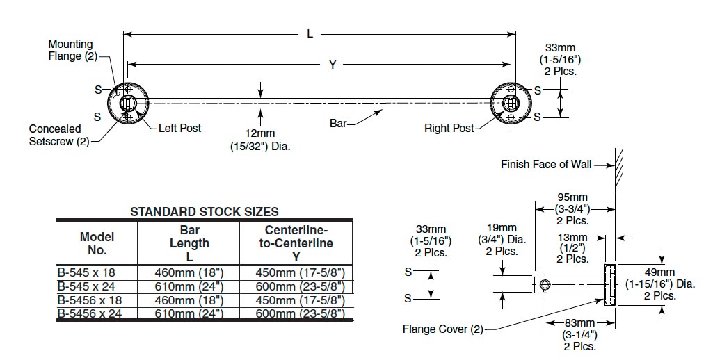 Measurement Diagram for Bobrick B-5456x18 Towel Bar