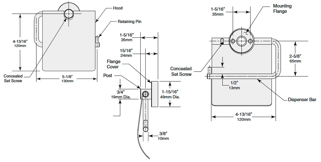 Measurement Diagram for Bobrick B-546 Toilet Paper Holder