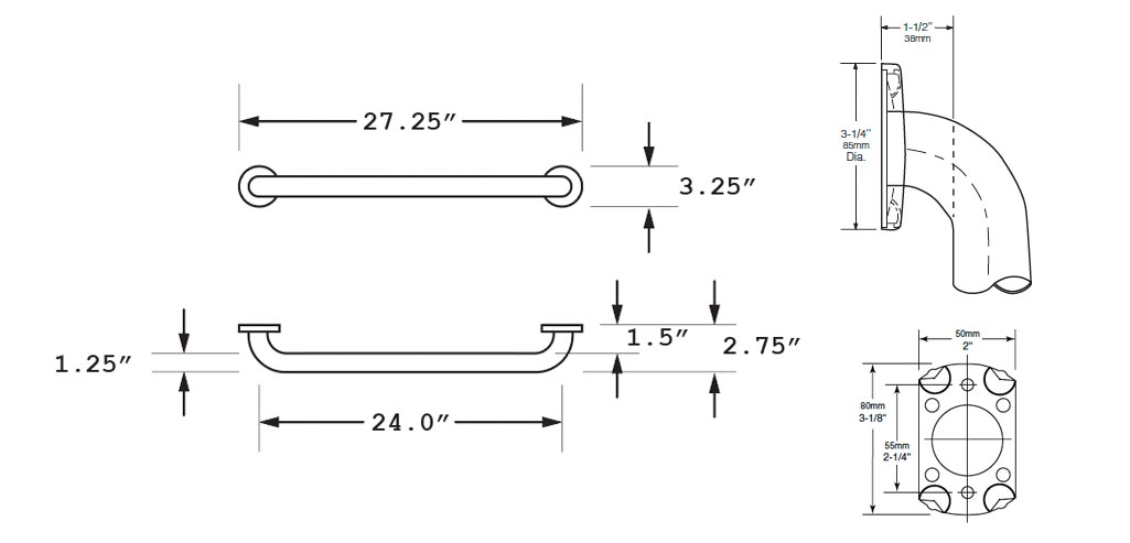 Measurement Diagram for Bobrick B-5806-99x24 Grab Bar