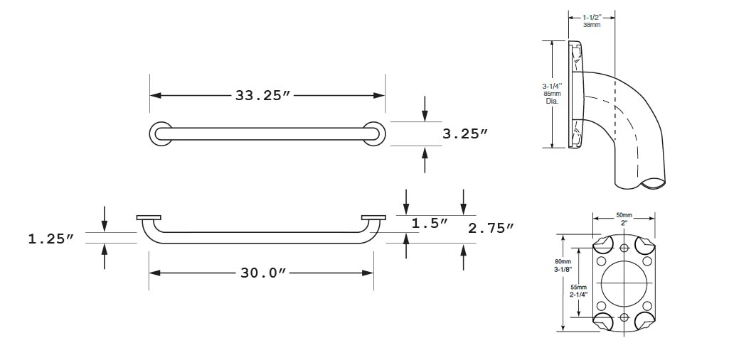 Measurement Diagram for Bobrick B-5806-99x30 Grab Bar