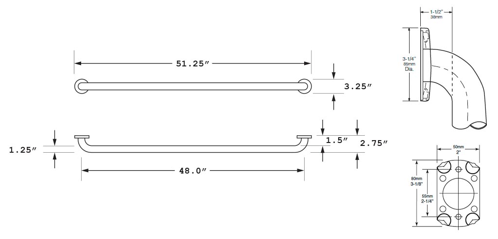 Measurement Diagram for Bobrick B-5806-99x48 Grab Bar