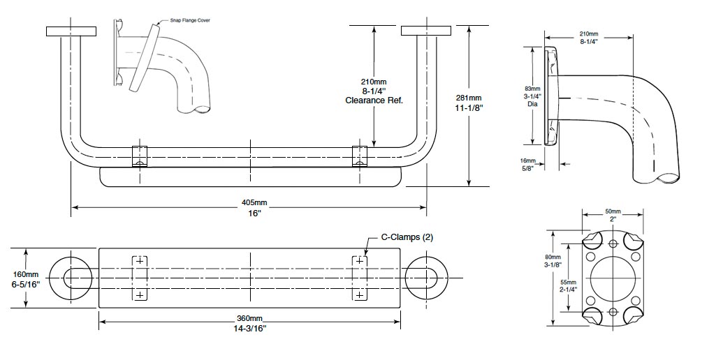 Measurement Diagram for Bobrick B-5892 Grab Bar with Backrest