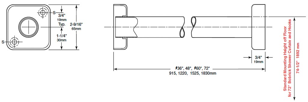 Measurement Diagram for Bobrick B-6107x72 Shower Curtain Rod