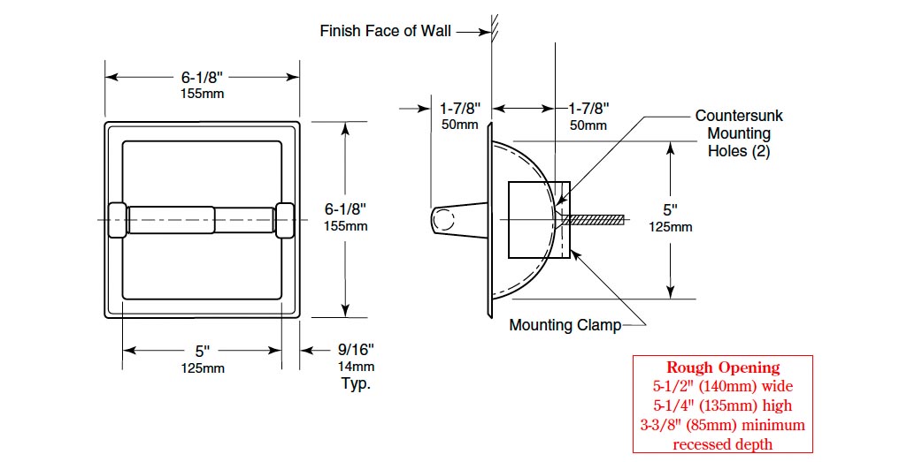 Measurement Diagram for Bobrick B-667 Toilet Paper Holder