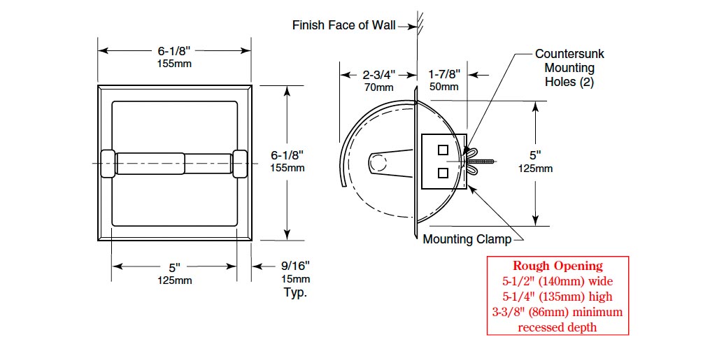 Measurement Diagram for Bobrick B-6697 Toilet Paper Holder