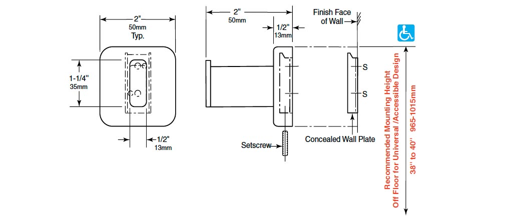 Measurement Diagram for Bobrick B-670 Robe Hook