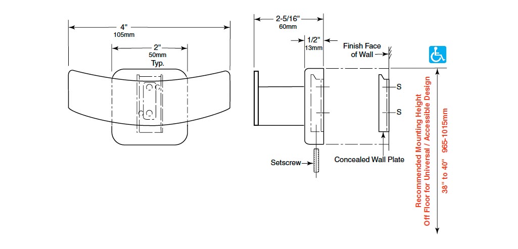 Measurement Diagram for Bobrick B-6727 Robe Hook