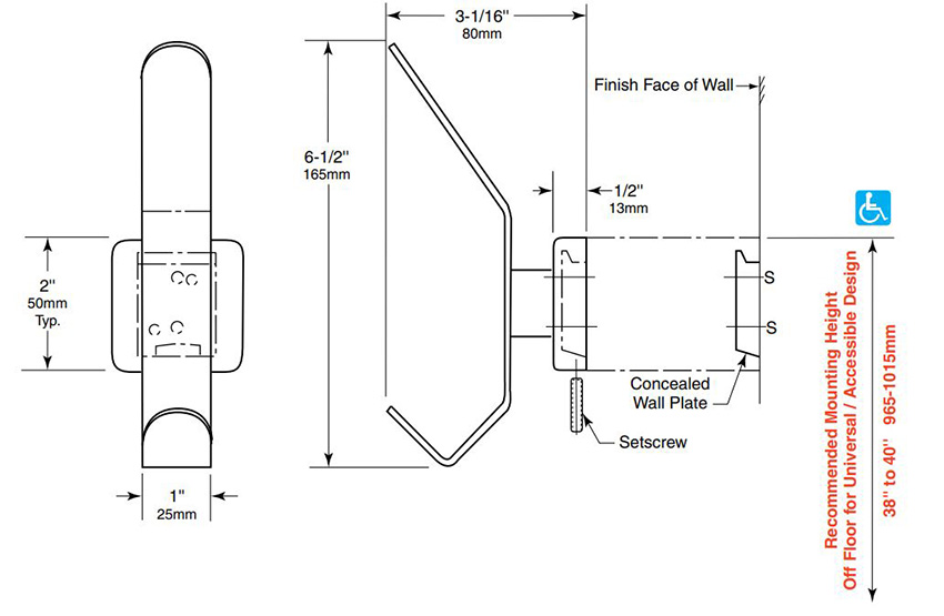 Measurements for Bobrick B-682 Heavy-Duty Stainless Steel Hat & Coat Hook