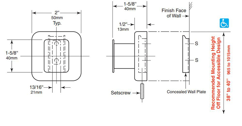 Measurements for Bobrick B-76717 Commercial Robe & Coat Hook