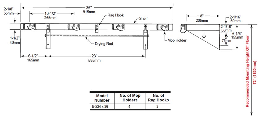 Measurement Diagram for Bobrick Model B-224X36