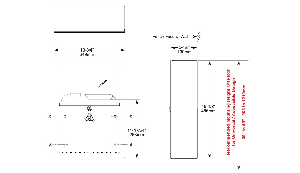 Measurement diagram for Bobrick Surface Mounted Sanitary Sharps Disposal