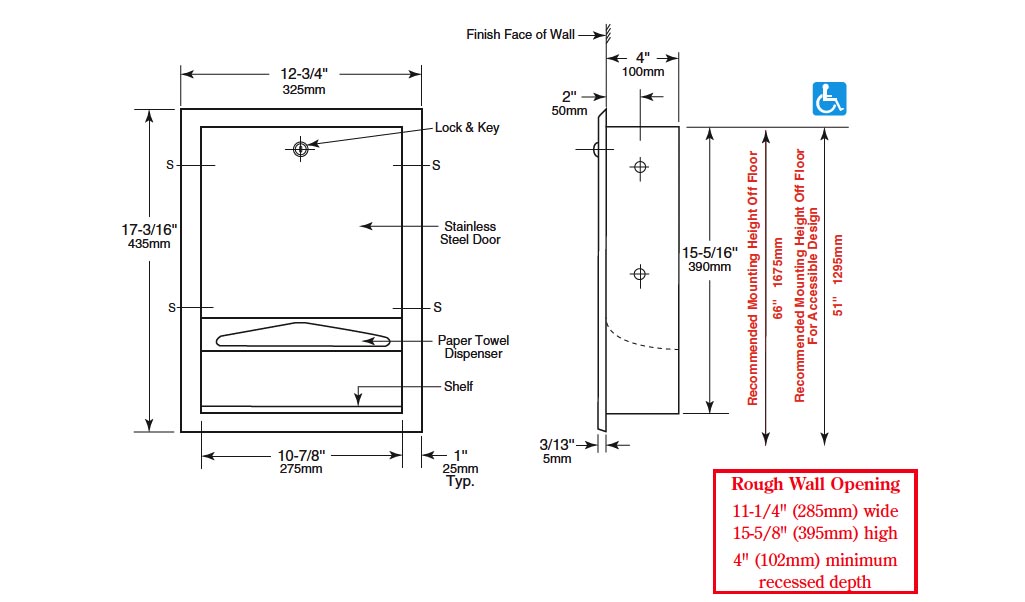 Measurement diagram for Bobrick Recessed Paper Towel Dispenser