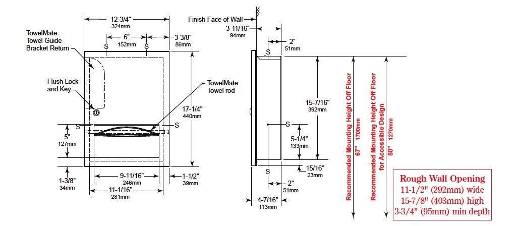 Measurement diagram for Bobrick Trimline Recessed Paper Towel Dispenser.
