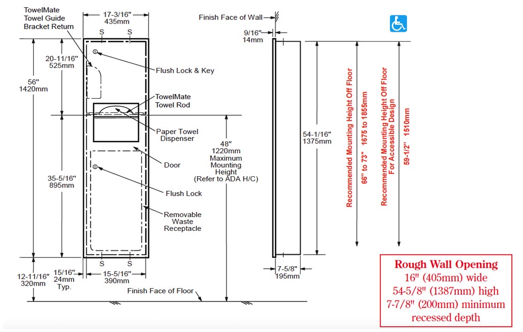 Measurement diagram for Bobrick TrimlineSeries Surface Mount Paper Towel Dispenser/Waste Receptacle