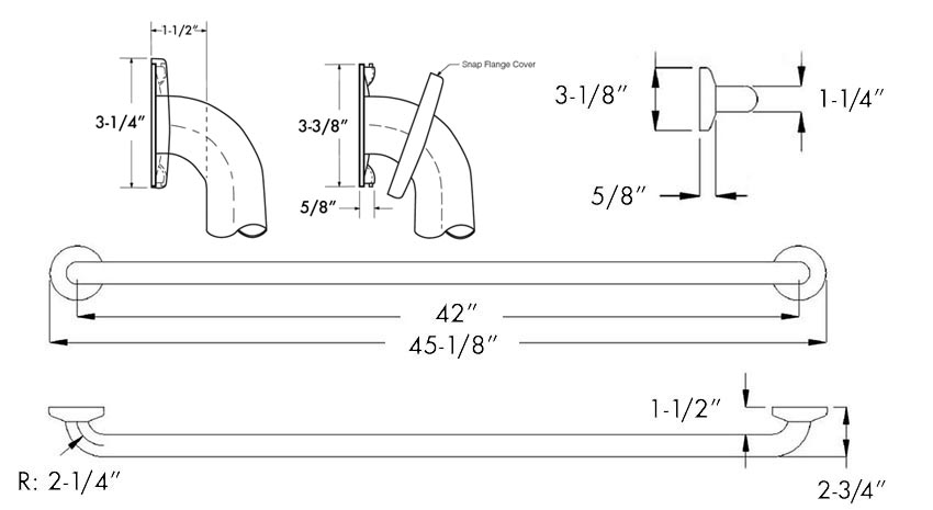 Measurements for Bobrick 1-1/4" Diameter Stainless Steel Grab Bar (42" Long)