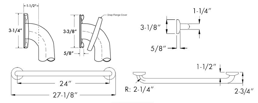 Measurement Diagram for Bobrick B-580616x24 Grab Bar