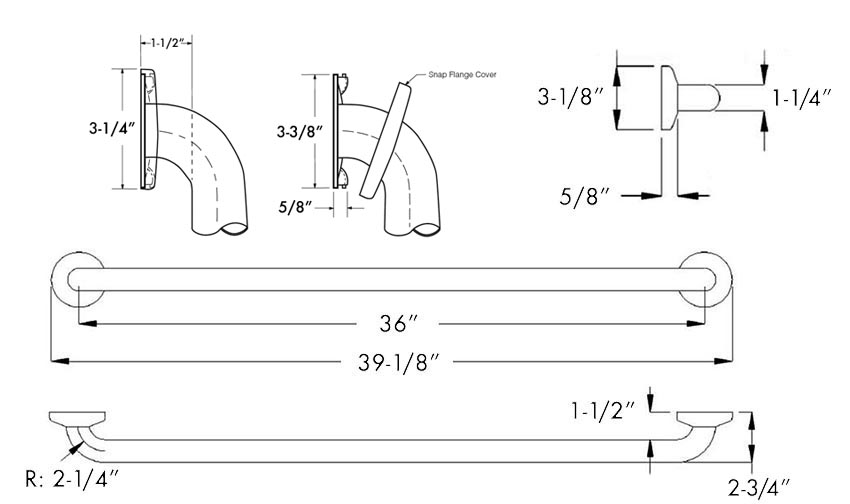 Measurement Diagram for Bobrick B-5806x36 Grab Bar