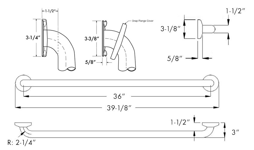 Measurements for Bobrick 1-1/2" Diameter Stainless Steel Grab Bar (36" Long)