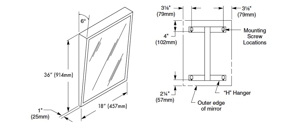 Measurements for Bradley 740-018360 Lavatory Mirror