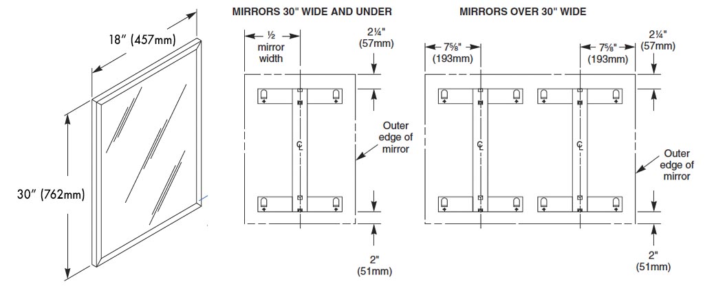 Measurements for Bradley 781-018300 Lavatory Mirror