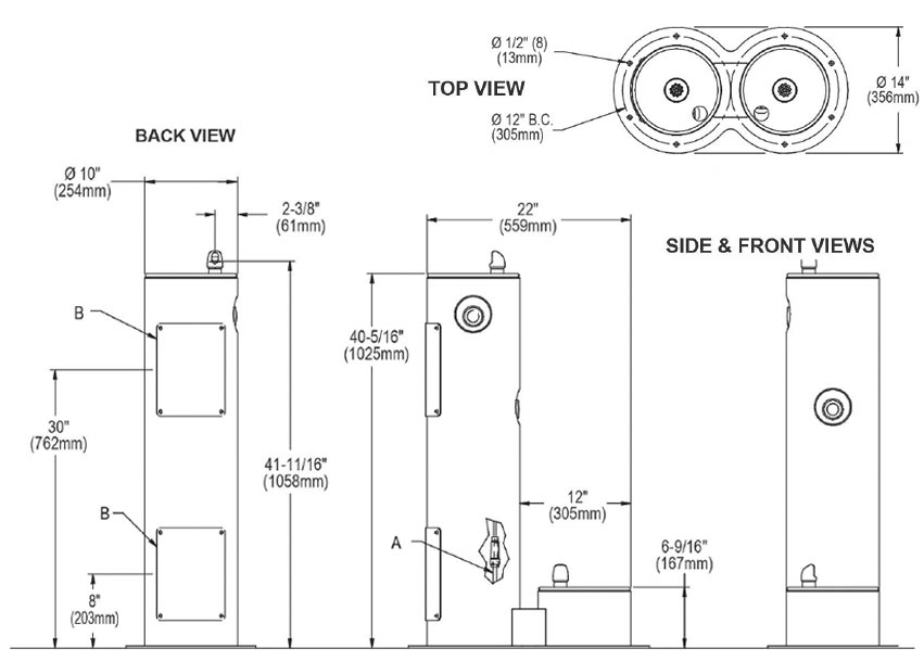 Measurement Diagram for Elkay LK4400DB Tubular Water Fountain with Pet Bowl