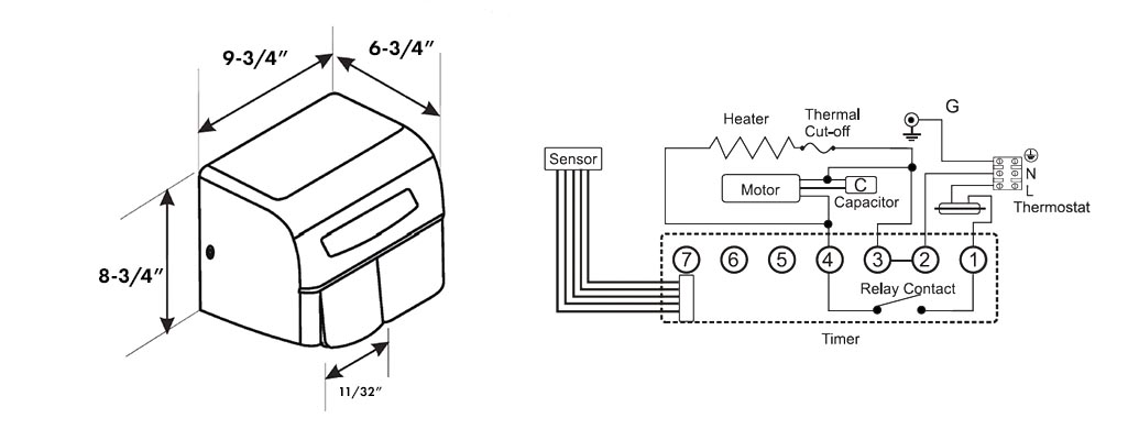 Measurement Diagram for the Fast Dry HK-1800EA-120 Hand Dryer