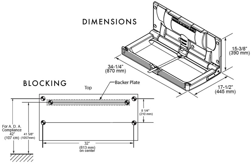 Measurements Diagram for Foundations 100-EH-BP Baby Changing Station