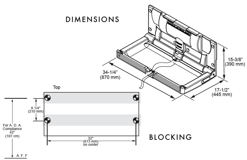Measurements Diagram for Foundations 100-EH Baby Changing Station