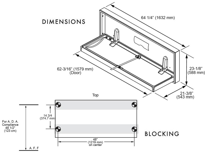 Measurements Diagram for Foundations 100SSE-SM Baby Changing Station