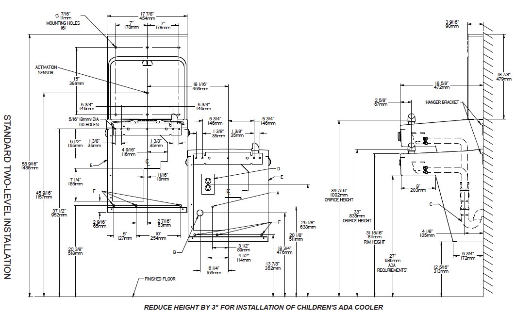Measurement Diagram for Halsey Taylor HTHB-HVRGRN8BL-NF Bottle Filling Station
