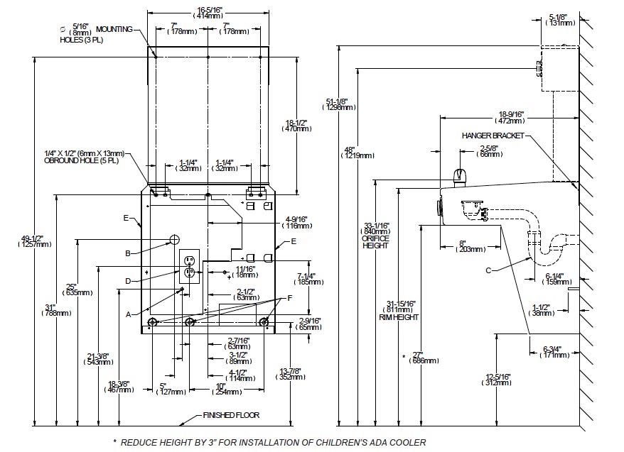Measurement Diagram for Halsey Taylor HTHBHVR-NF Bottle Filling Station