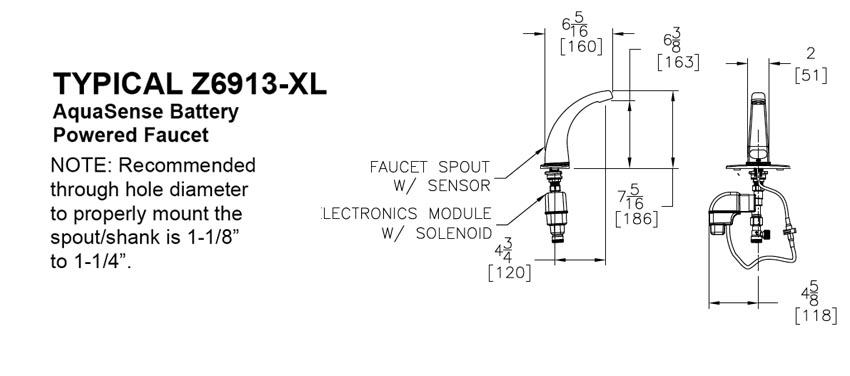 Measurements Diagram for Zurn Z6913-XL-CP4 Touchless Faucet