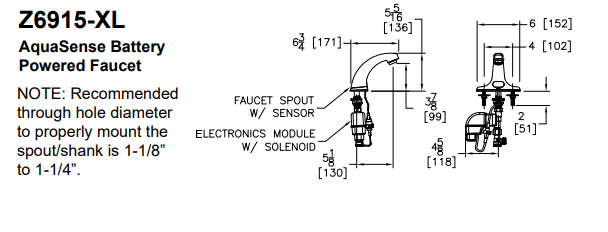 Measurements Diagram for Zurn Z6915-XL-E-SSH Touchless Faucet